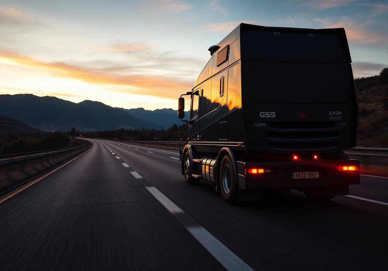 Poids lourd 40 tonnes circulant sur autoroute française au lever du jour