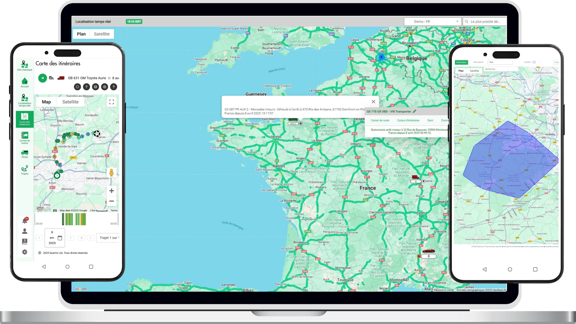 Plateforme de suivi GPS responsive : carte temps réel sur ordinateur, application mobile carnet de routes et géofencing sur smartphone Plateforme de suivi GPS responsive : carte temps réel sur ordinateur, application mobile carnet de routes et géofencing sur smartphone