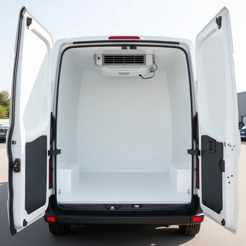 Intérieur d'un véhicule utilitaire frigorifique aux portes arrière ouvertes, montrant le compartiment isotherme blanc et le groupe froid au plafond Intérieur d'un véhicule utilitaire frigorifique aux portes arrière ouvertes, montrant le compartiment isotherme blanc et le groupe froid au plafond